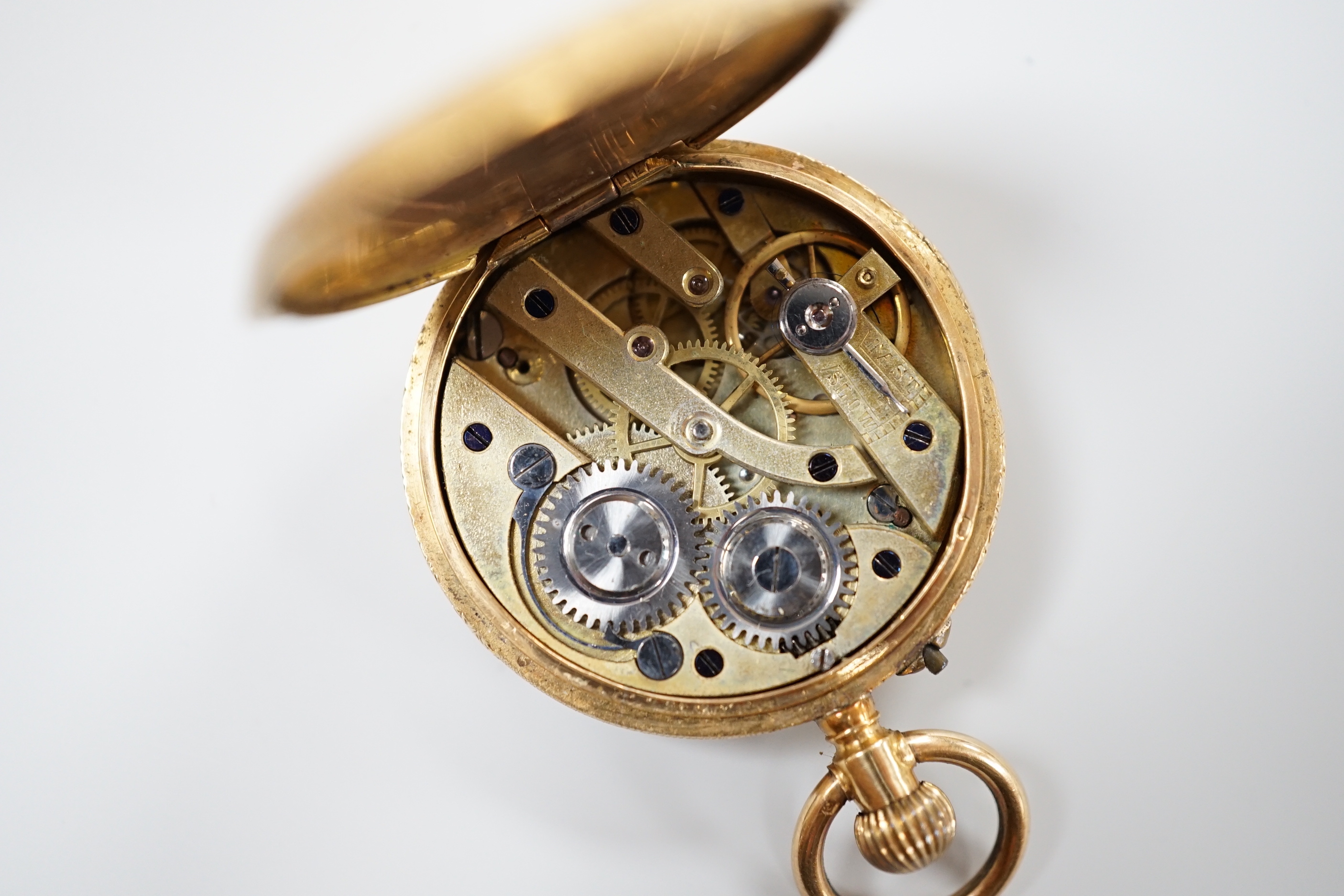An 18k and enamel half hunter fob watch, 31mm, with metal dust cover, gross weight 24.3 grams (a.f.).